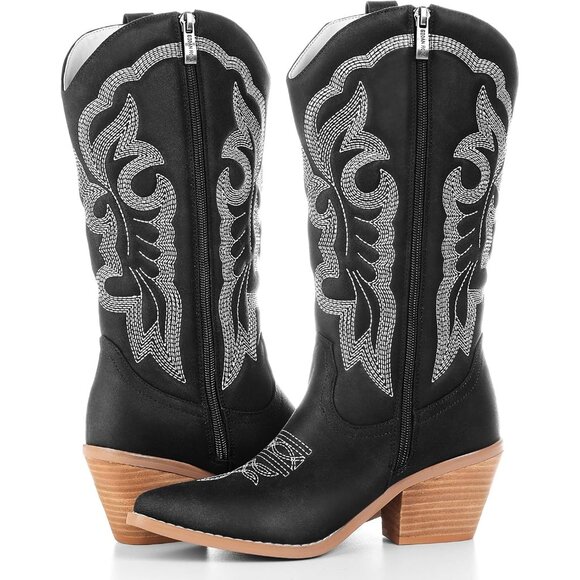 ⚡Women's Black Embroidered Fashion Western Pointed Toe Chunky Heel Pull On - Picture 1 of 5